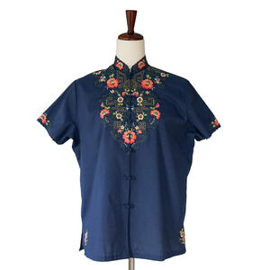 VTG Daffodil Chinoiserie Floral Embroidery Mandarin Shirt XL Cottage Retro Boho